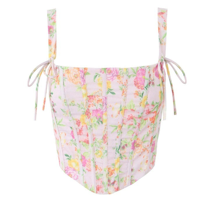 Floral Fishbone Tied Spaghetti-strap Top Tube Top Dress Suit