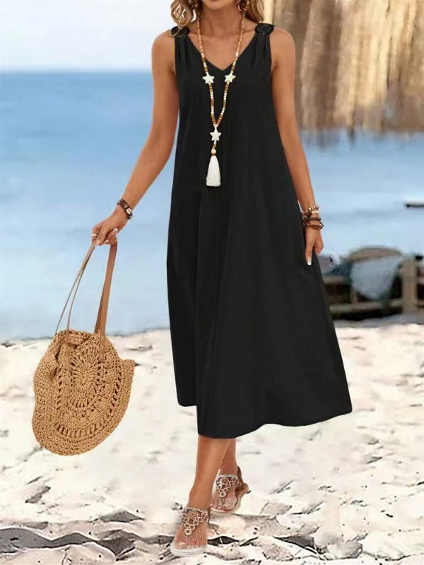 Elegant Women's Buckle V-neck Sleeveless Dress