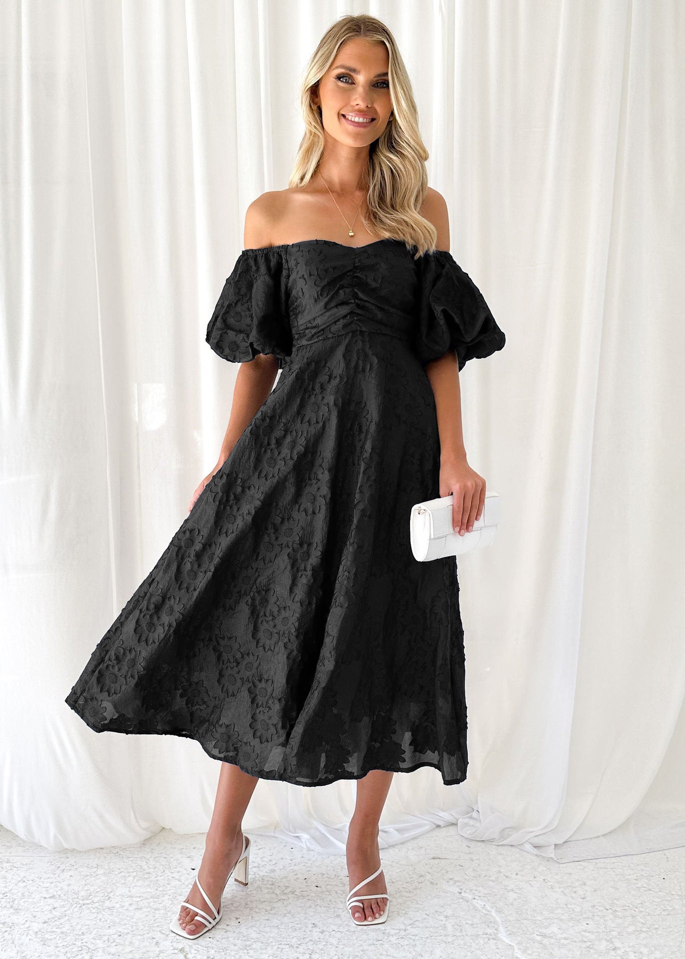 Spring And Summer Seaside Vacation Style Puff Sleeve Waist-tight Dress Women