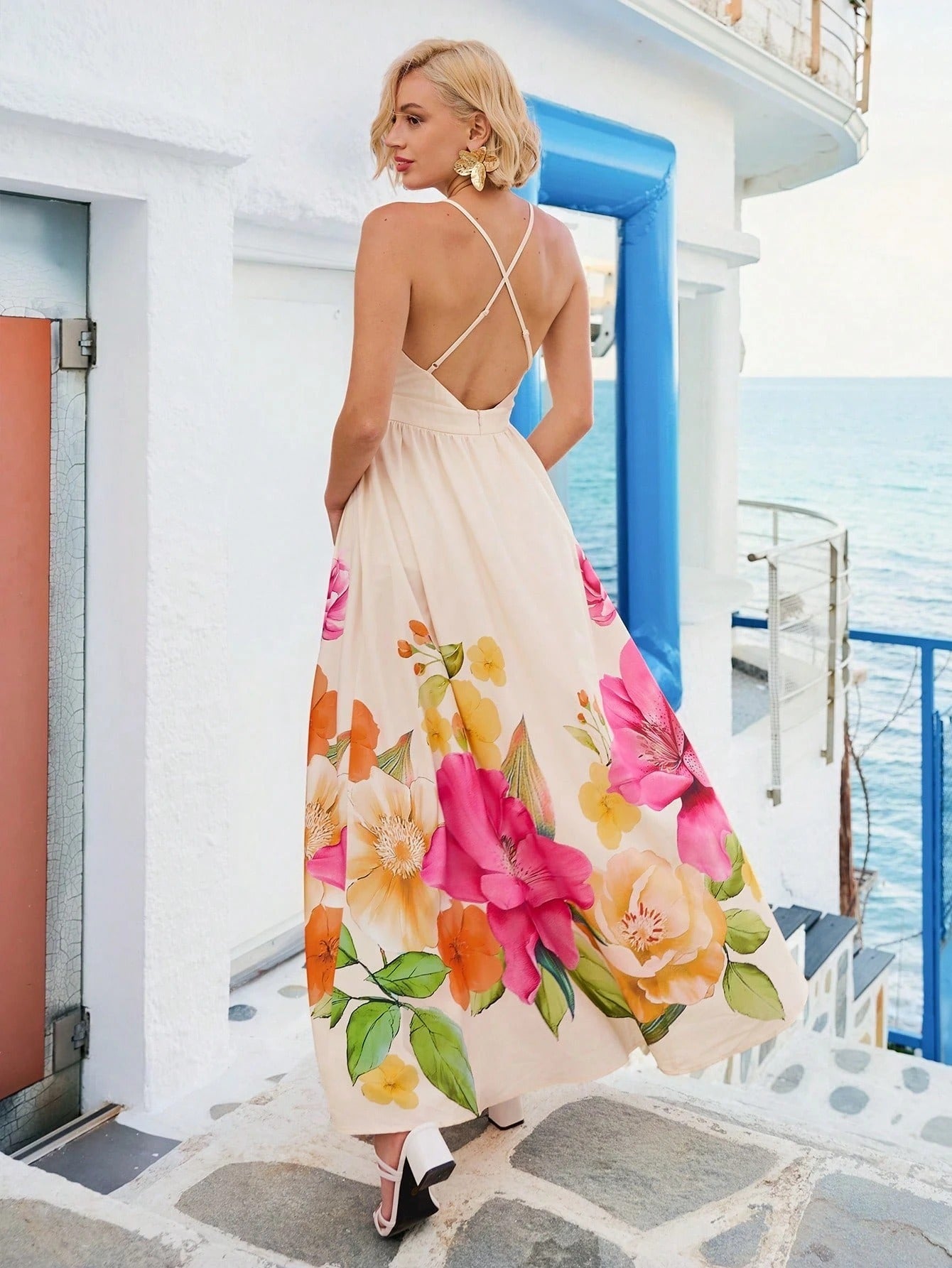 Women's Printed Deep V-neck Backless Dress