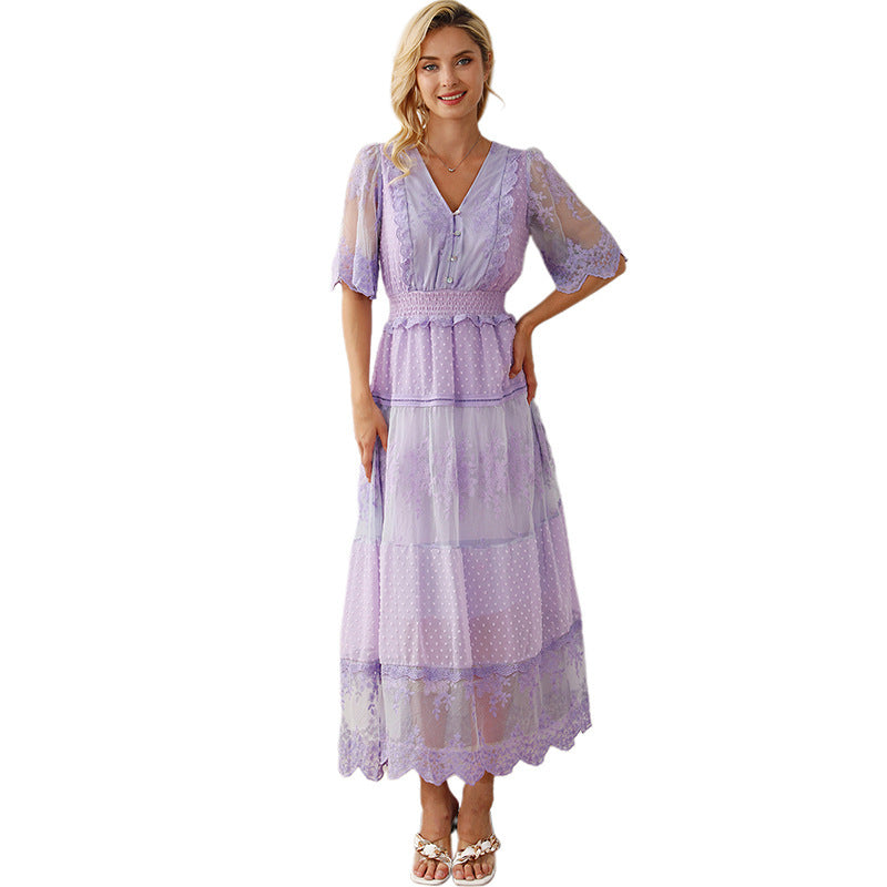 Lace V-neck Patchwork Dress Women