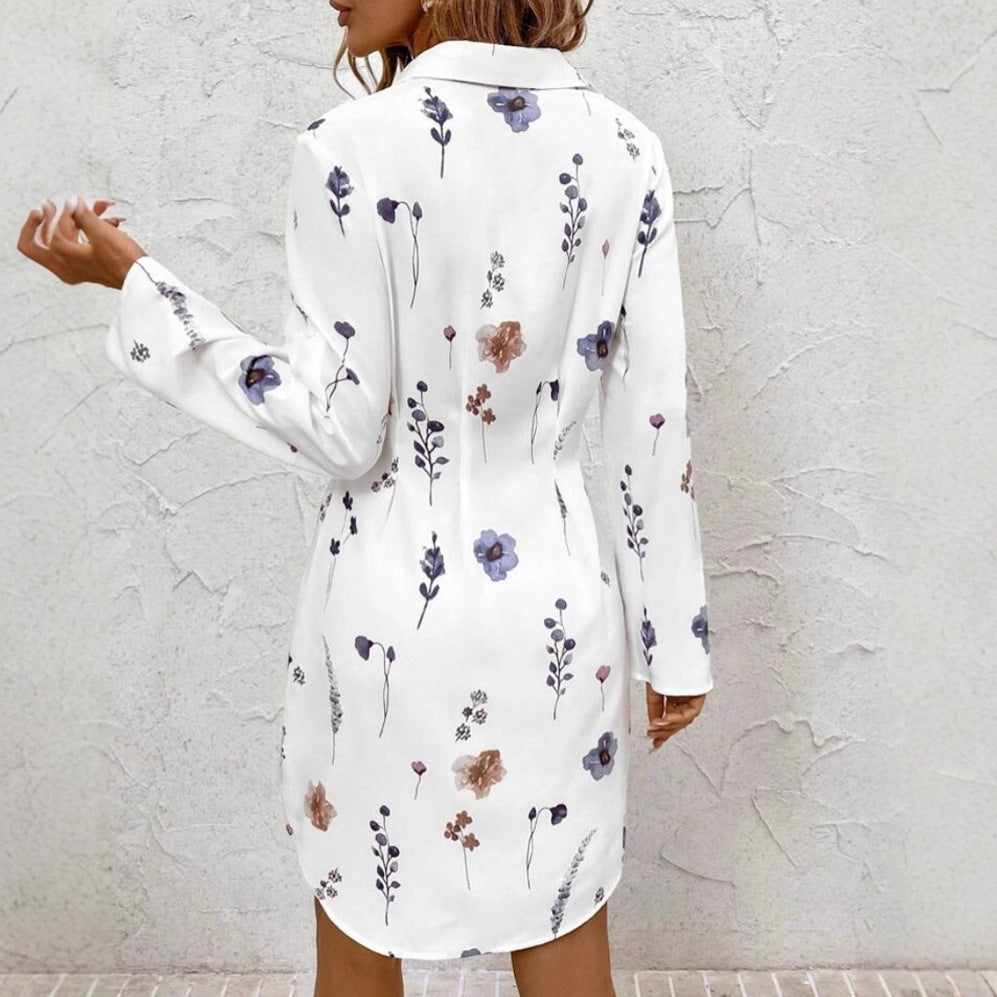 Elegant Floral Printing Lapel Long Sleeve Dress