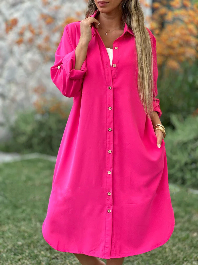 Women's Solid Color Loose Casual Long Sleeves Button Shirt Dress