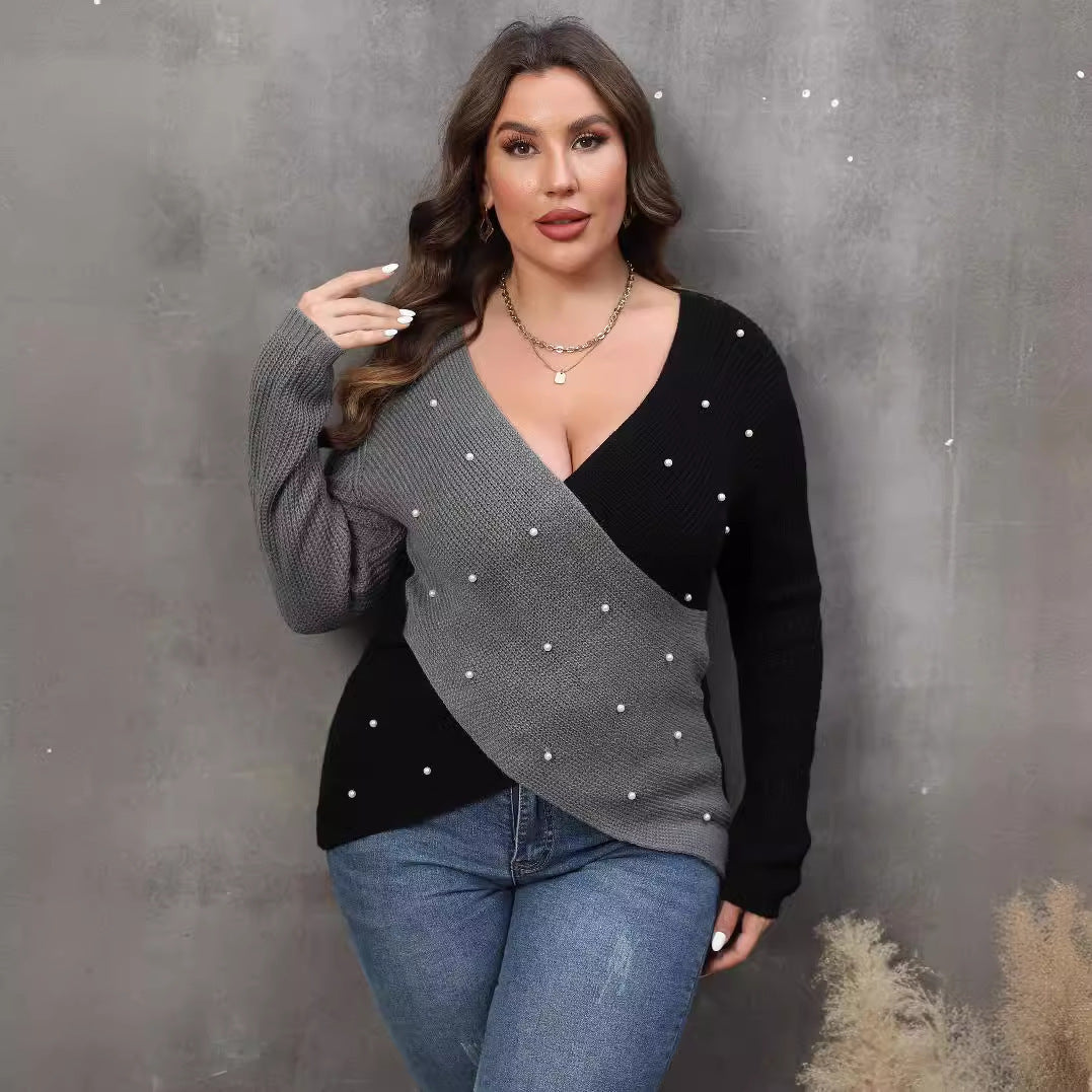 Plus Size Women's Color Contrast Patchwork Deep V Cross Sexy Beaded Sweater