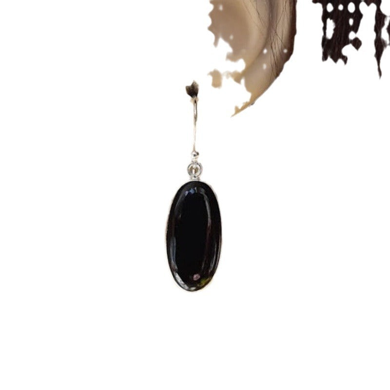 European And American Style 925 Silver Oval Black Agate Pendant Women's Earrings
