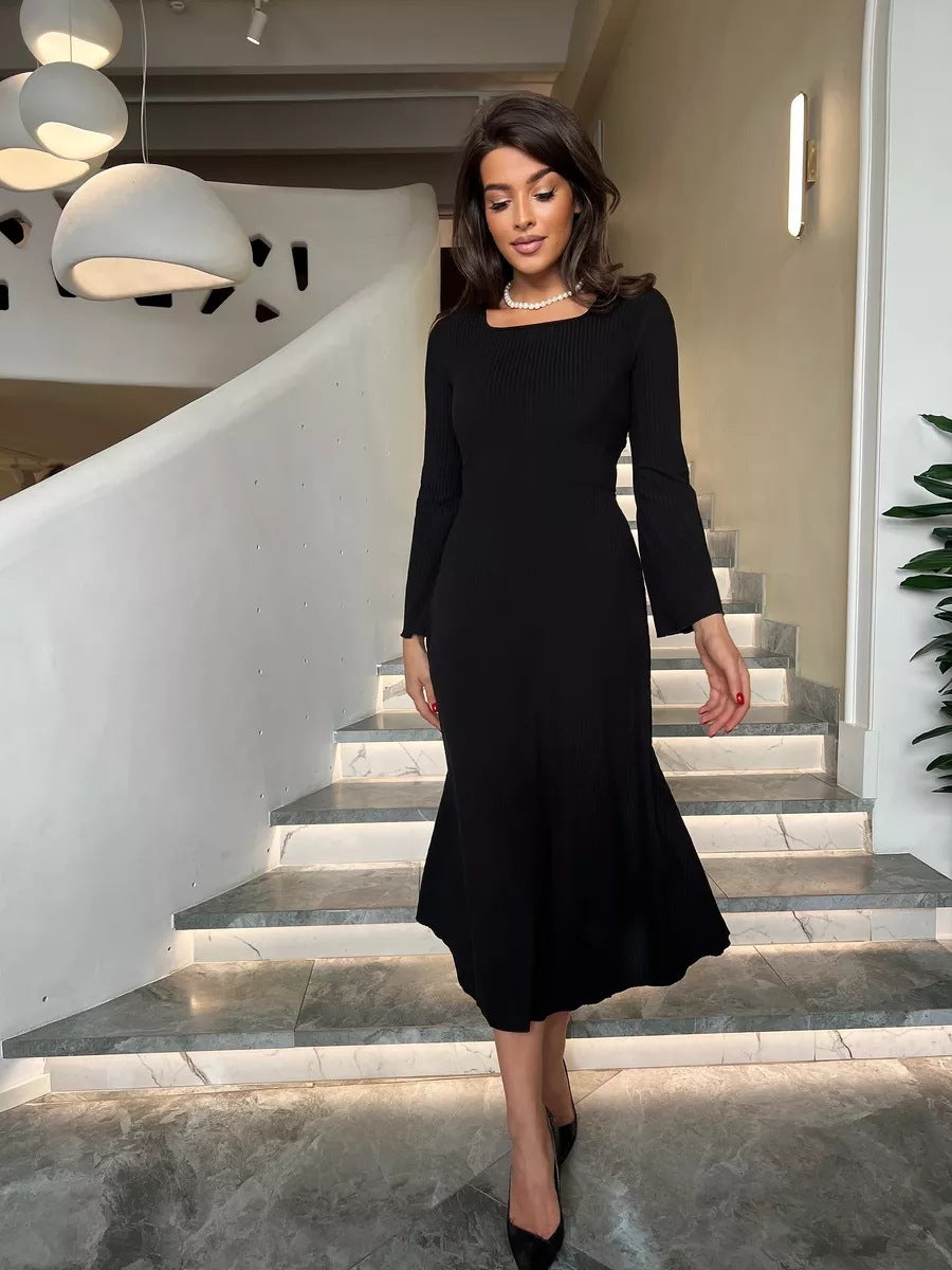 Fashionable Elegant Slim Fit Square Collar Long Sleeve A- Line Dress Women