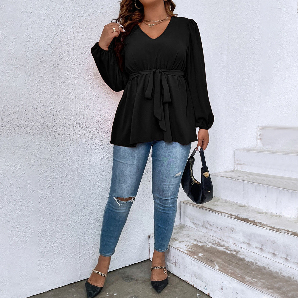 Women's V-neck Lantern Sleeve Slim Top