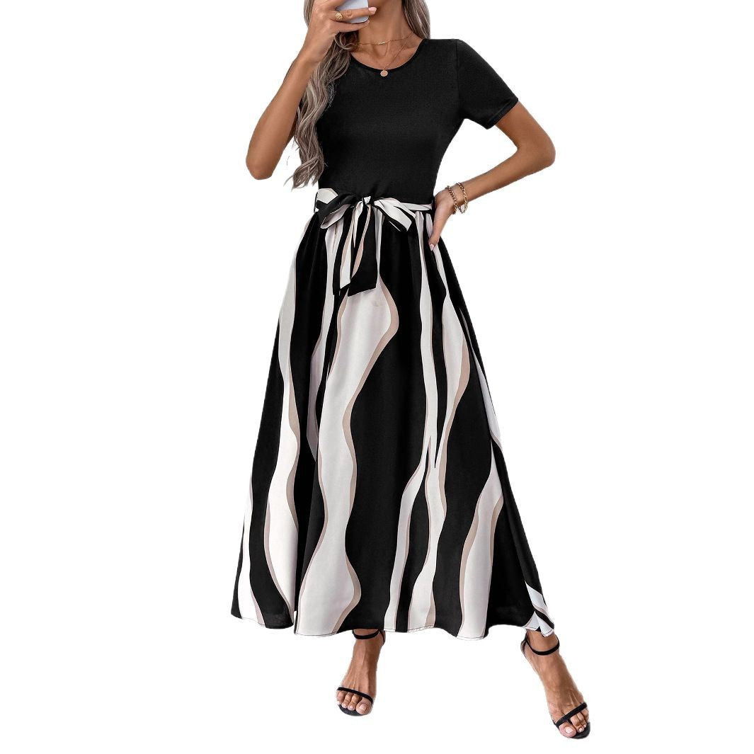 Round Neck Stitching Printing Short Sleeve Large Swing Dress