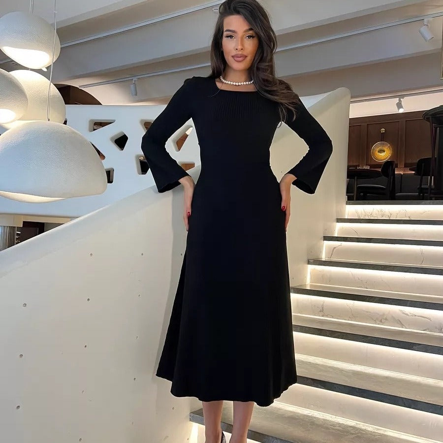 Fashionable Elegant Slim Fit Square Collar Long Sleeve A- Line Dress Women
