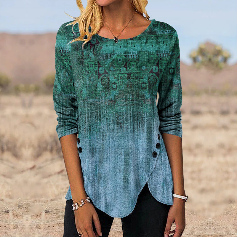 3D Digital Retro Printed Button Irregular Hem Round Neck Long Sleeve