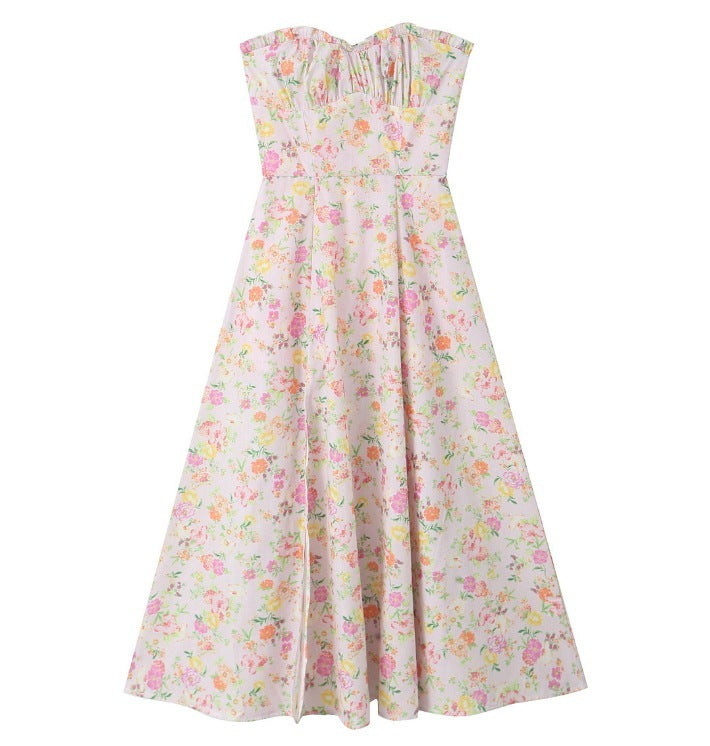 Floral Fishbone Tied Spaghetti-strap Top Tube Top Dress Suit
