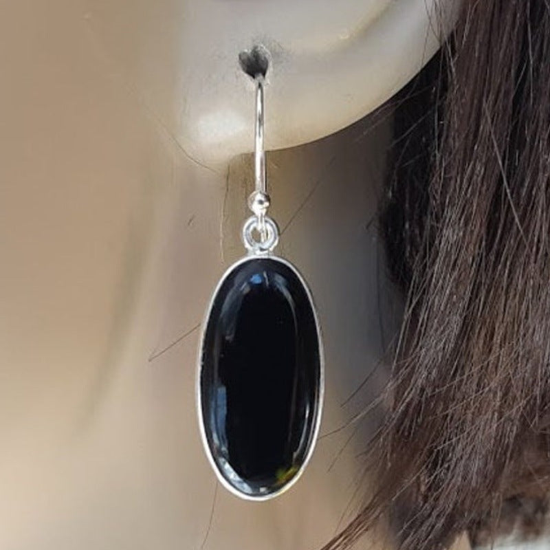 European And American Style 925 Silver Oval Black Agate Pendant Women's Earrings