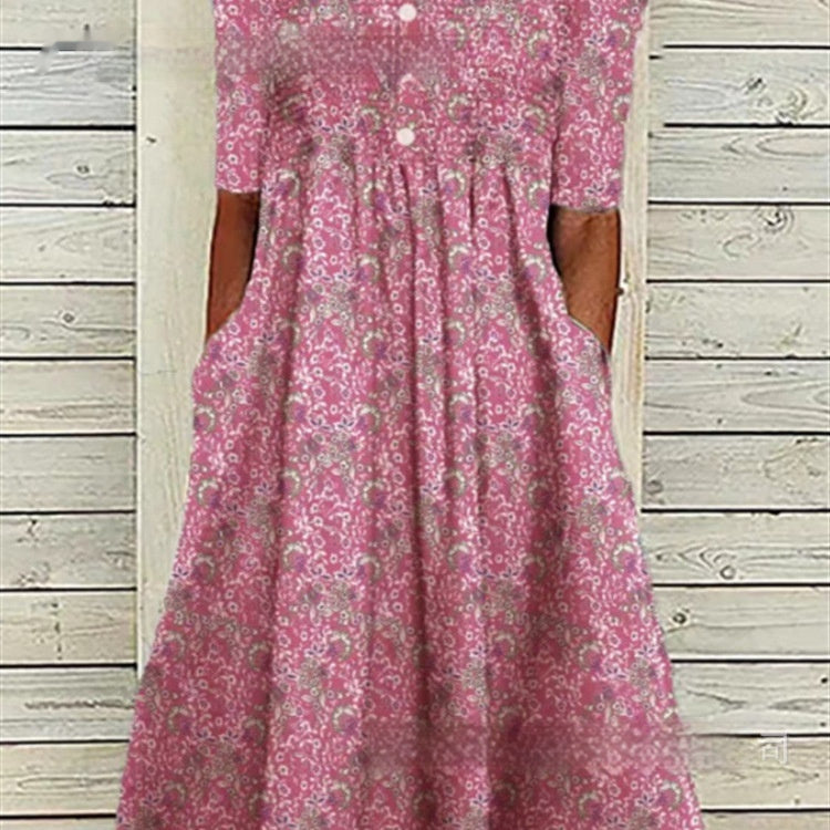 Women's Printed Floral V-neck Olive Mid-sleeve Pocket Dress