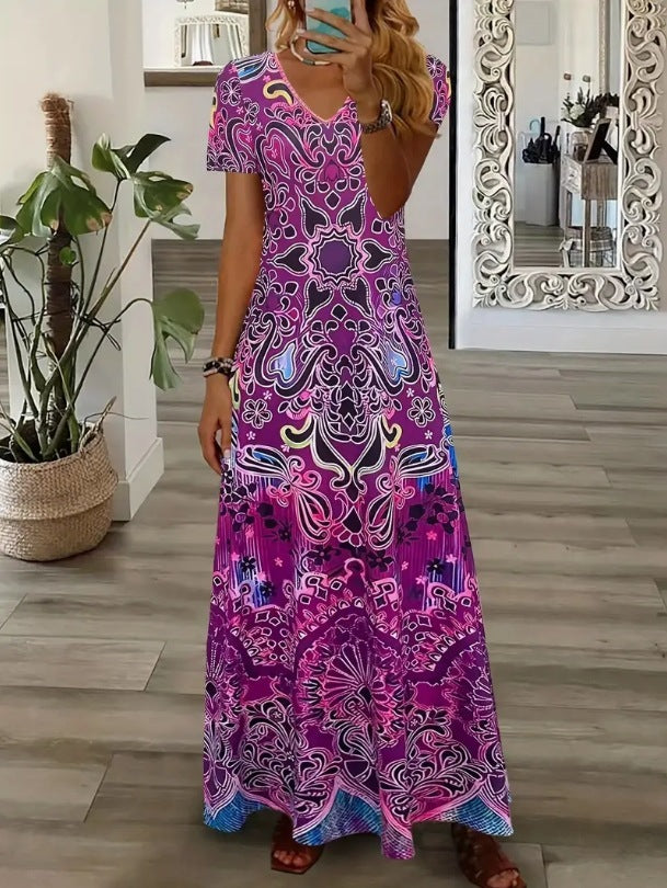 Bohemian Ethnic Style Collar Short Sleeve Women's Long Dress
