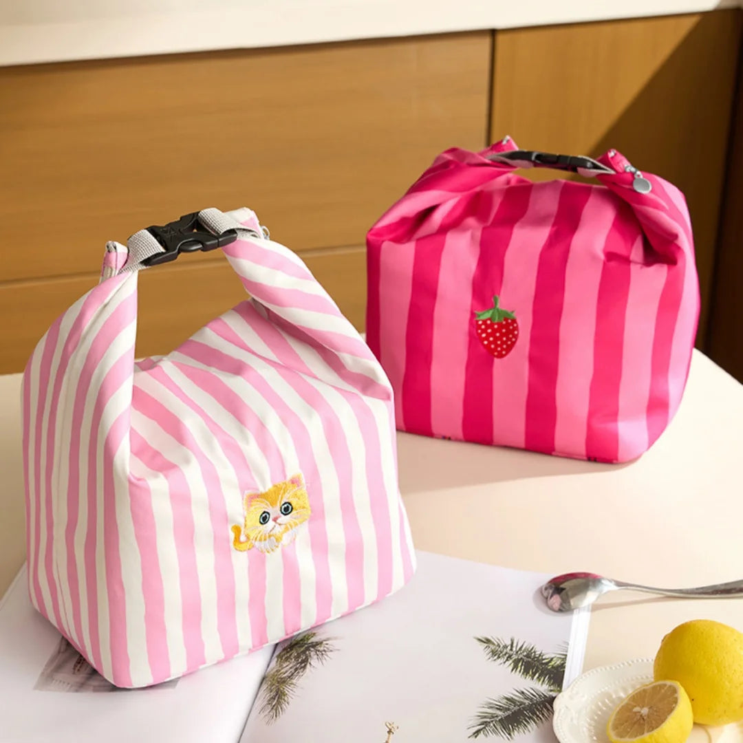 New Pink Striped Strawberry Cat Insulated Cute Lunch Handbag Large Capacity Folding Roll Bento Bag Picnic Food Fresh Cooler Bag