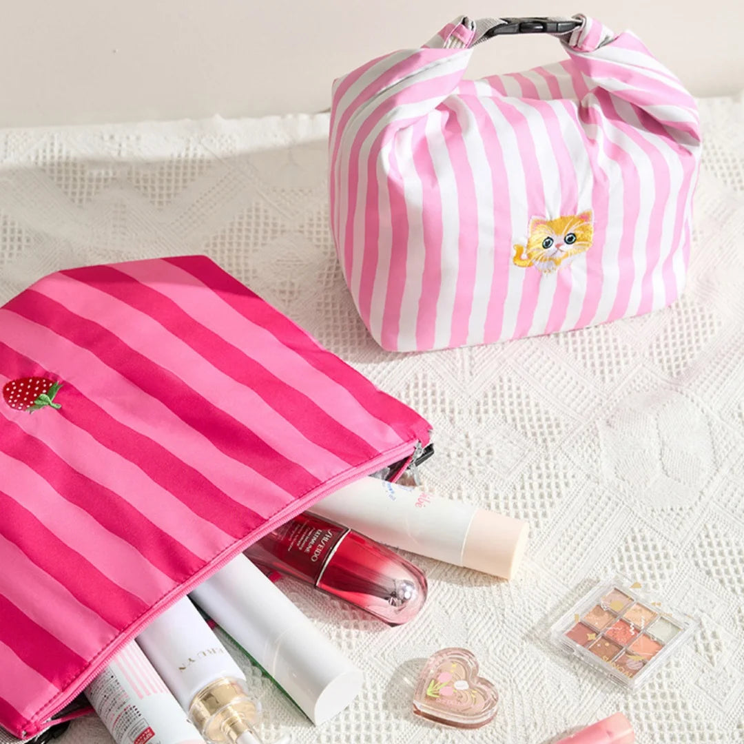 New Pink Striped Strawberry Cat Insulated Cute Lunch Handbag Large Capacity Folding Roll Bento Bag Picnic Food Fresh Cooler Bag