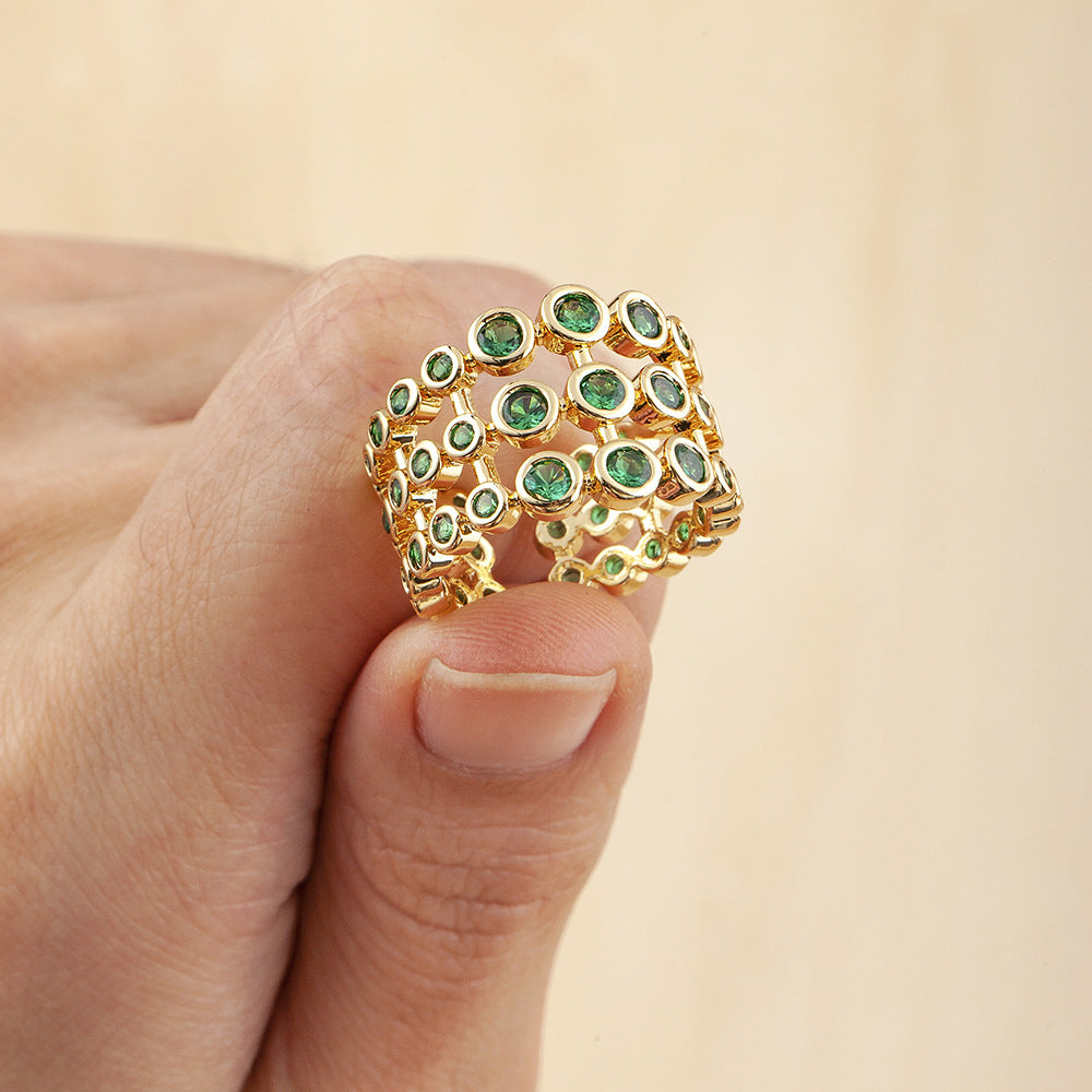 Copper Plating 18K Real Gold Three-layer Exaggerated Green Full Zircon Wide Version