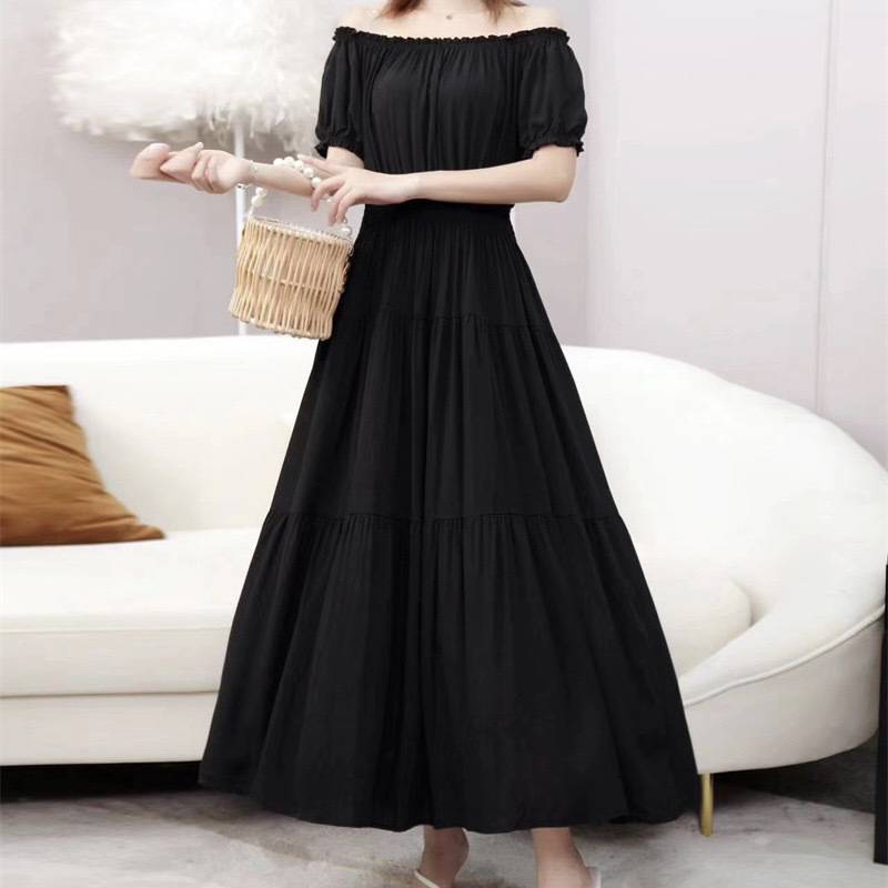 Solid Color Wide Hem Cotton Silk Vacation Style Long Bohemian Dress