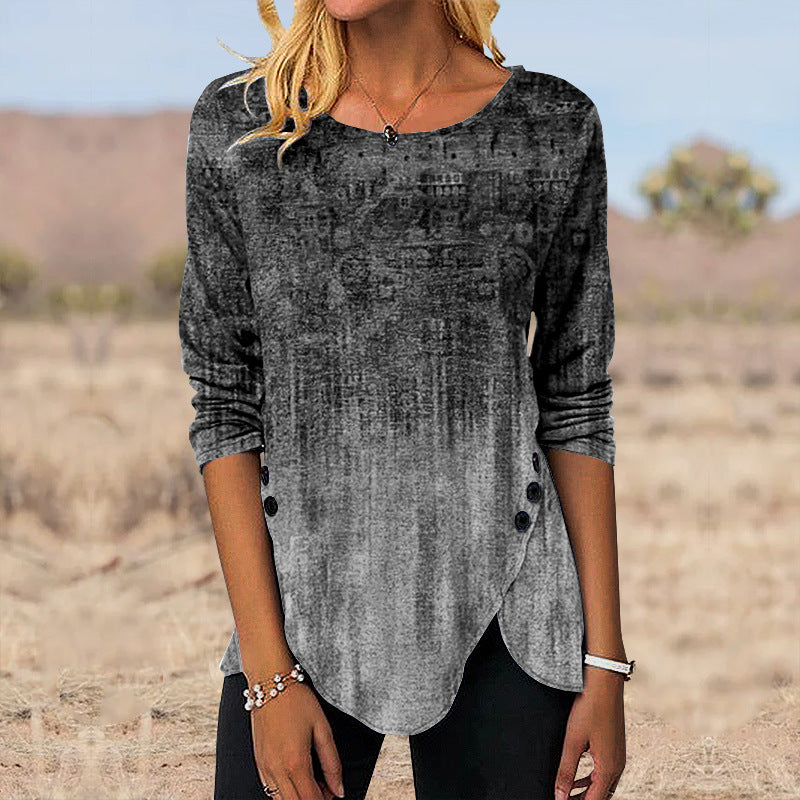 3D Digital Retro Printed Button Irregular Hem Round Neck Long Sleeve
