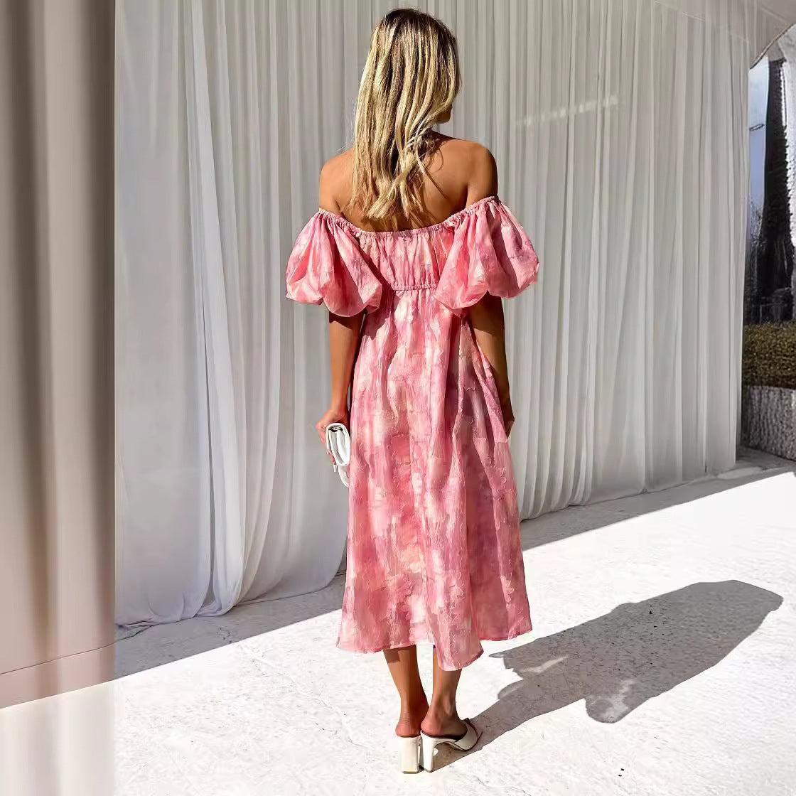 Spring And Summer Seaside Vacation Style Puff Sleeve Waist-tight Dress Women