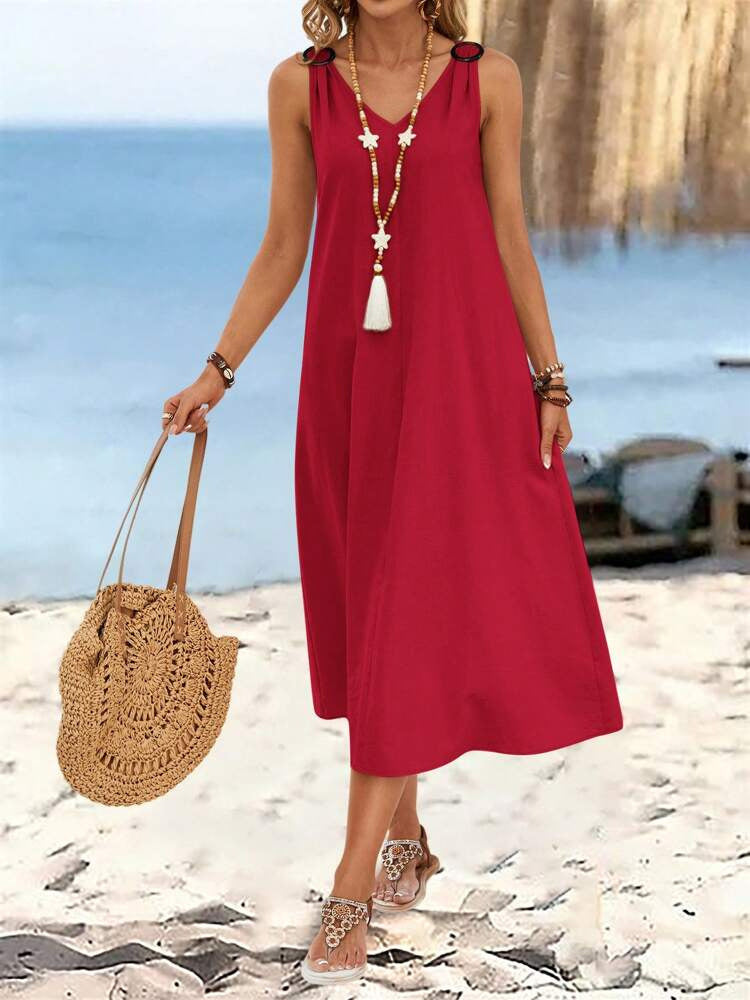 Elegant Women's Buckle V-neck Sleeveless Dress