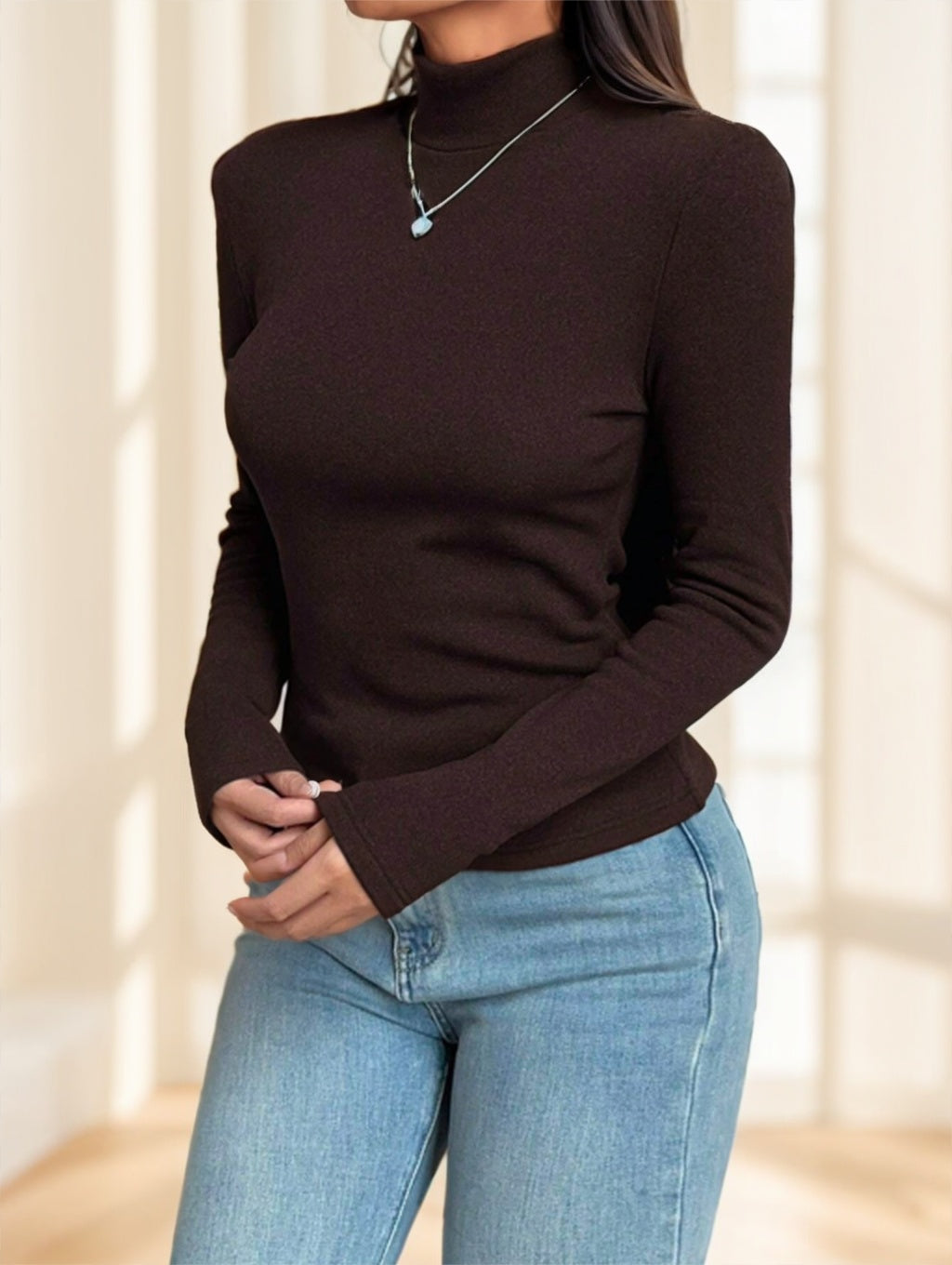 Basic Turtleneck Slim Long Sleeve Solid Color Women's Top