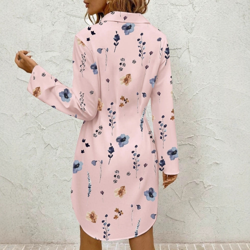 Elegant Floral Printing Lapel Long Sleeve Dress