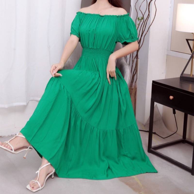 Solid Color Wide Hem Cotton Silk Vacation Style Long Bohemian Dress