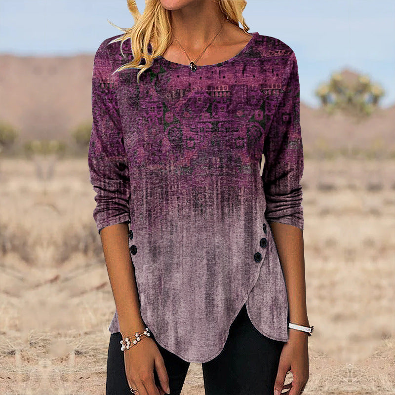 3D Digital Retro Printed Button Irregular Hem Round Neck Long Sleeve