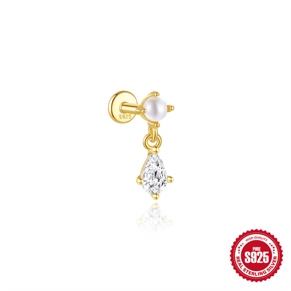 Sterling Silver Opal Diamond-embedded Flat Head Thread Piercing Ear Bone Stud