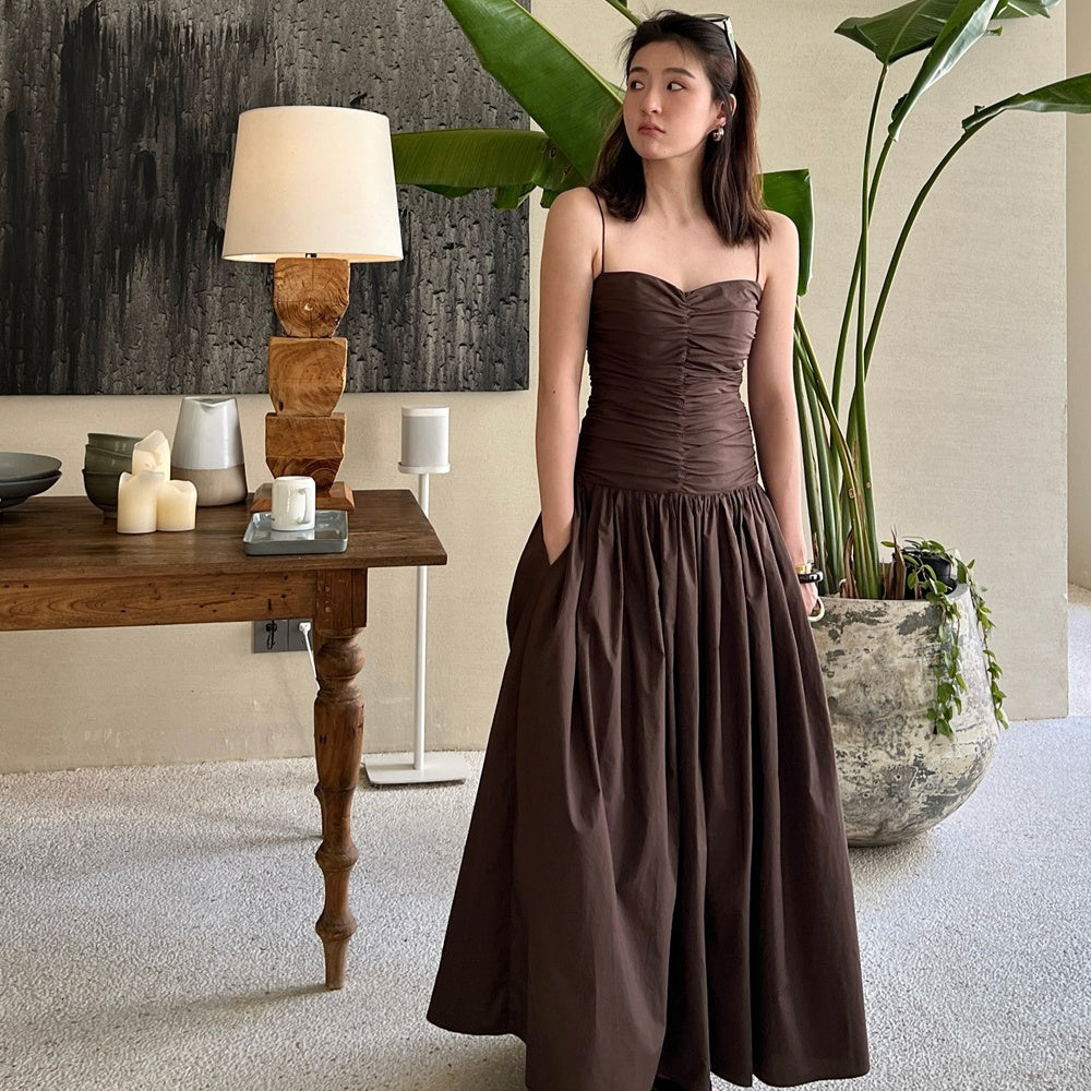 Cotton Pleated V-neck Waist Strap Low Waist Mid Length Dress