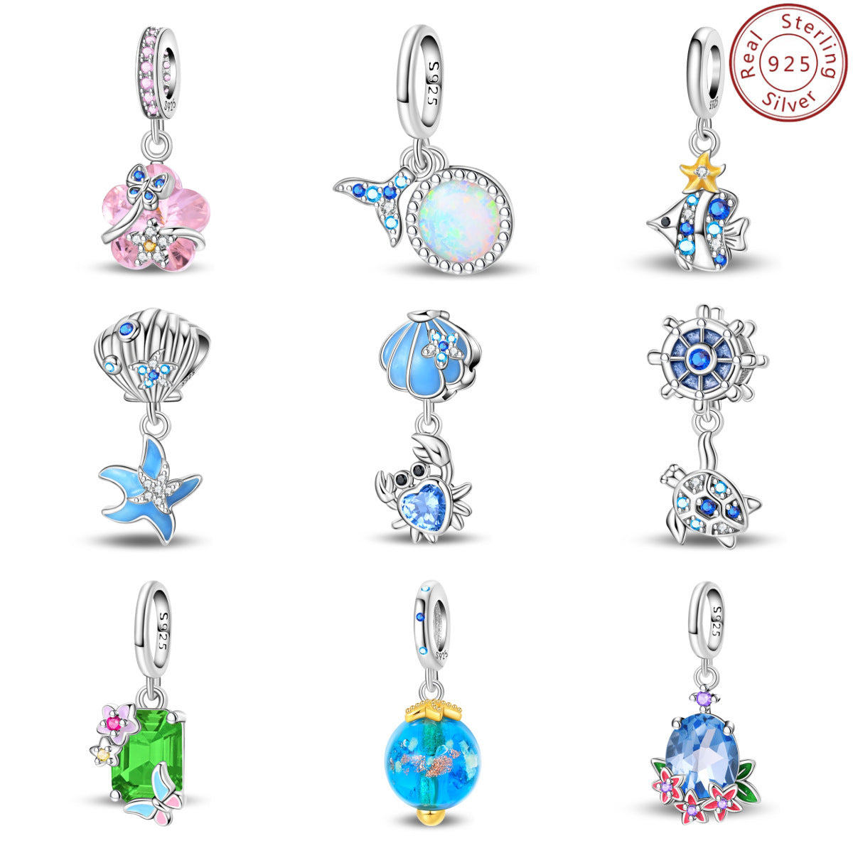 925 Sterling Silver Charm Ocean Starfish Crab Turtle Crystal Flower Bead Charm