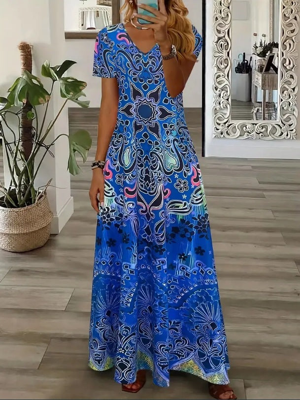 Bohemian Ethnic Style Collar Short Sleeve Women's Long Dress