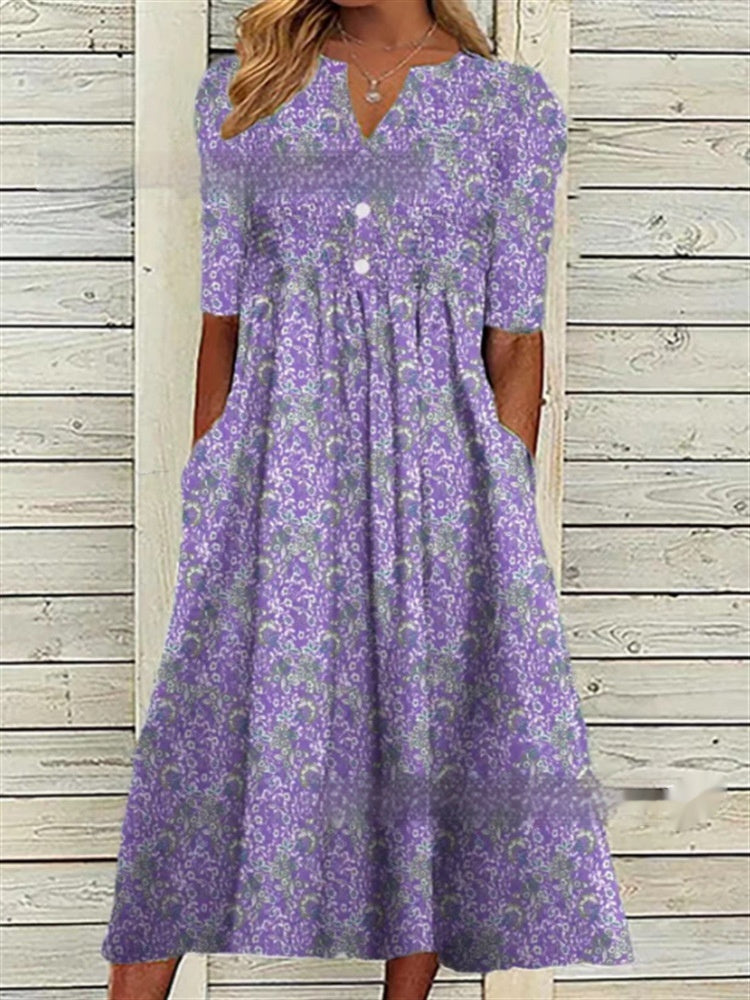 Women's Printed Floral V-neck Olive Mid-sleeve Pocket Dress