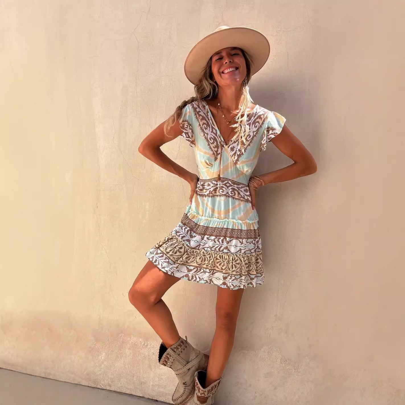 Fashion Printed Ruffled Pendant Dress Women