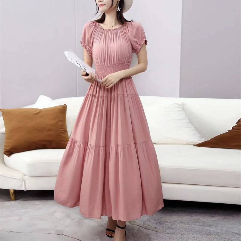 Solid Color Wide Hem Cotton Silk Vacation Style Long Bohemian Dress