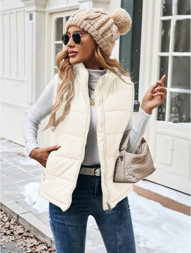 Women's Casual Zipper Closure Stand Collar Padded Padded Puffer Vest