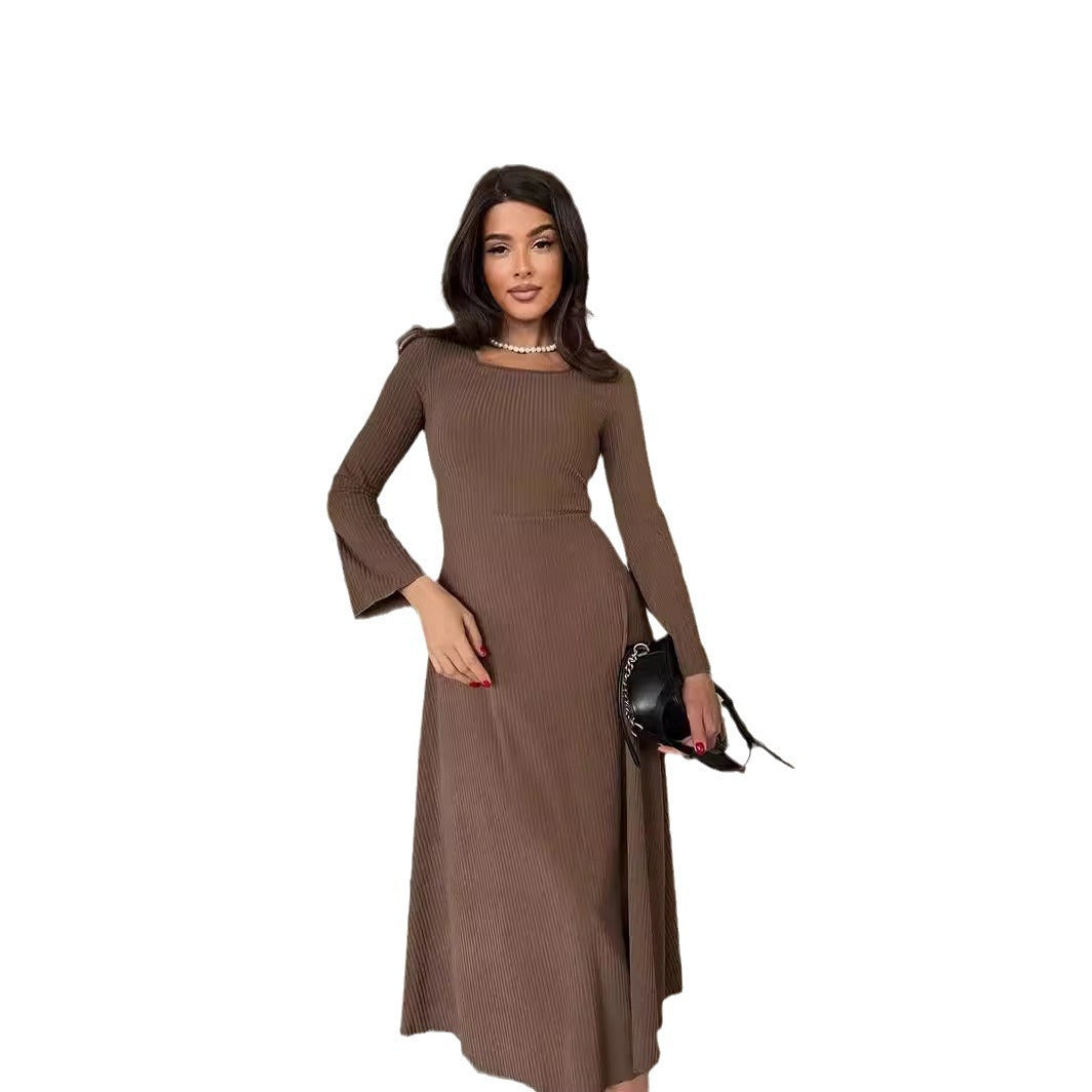 Fashionable Elegant Slim Fit Square Collar Long Sleeve A- Line Dress Women