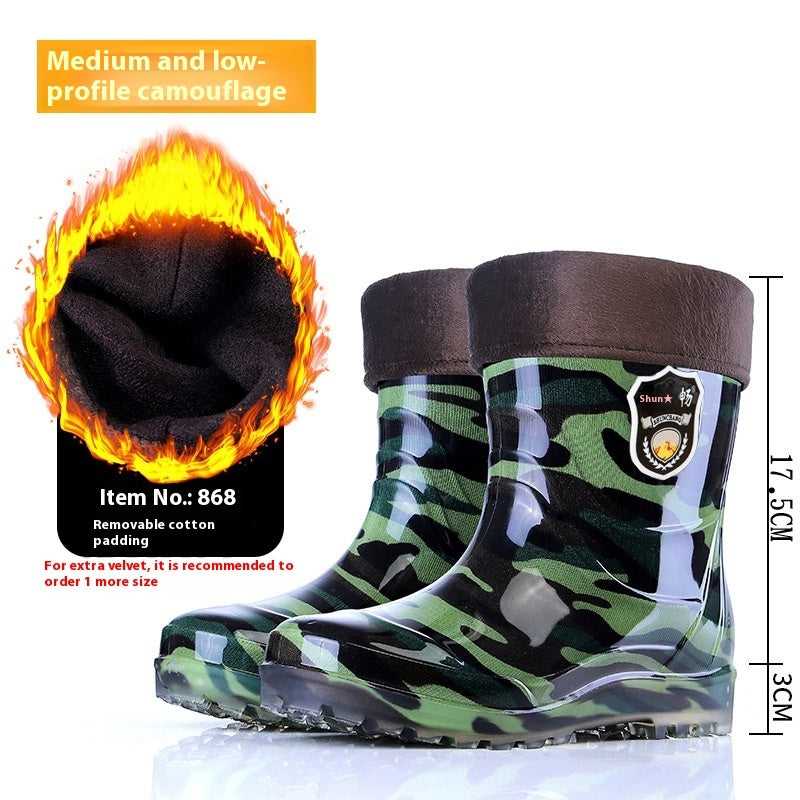 Popular Men's Tendon Bottom Camouflage Wear-resistant Rain Boots Fleece-lined Warm