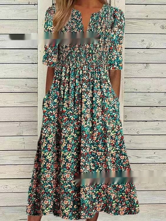 Women's Printed Floral V-neck Olive Mid-sleeve Pocket Dress