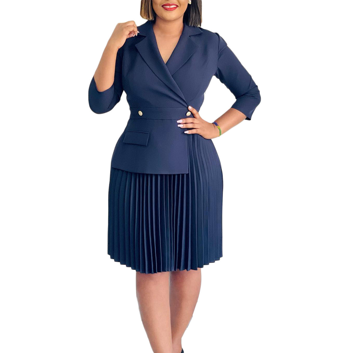 New Fashion Elegant Suit Collar Solid Color Pleated Dress