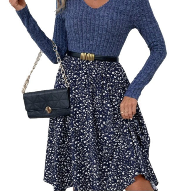 Small Floral Stitching Long Sleeve Dress