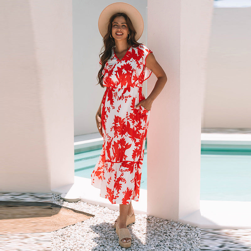 European And American Fashion Flower Printed V-neck Dress Women