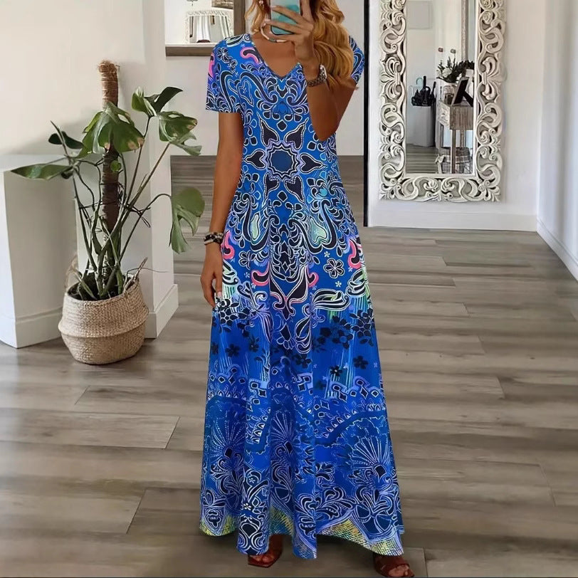 Bohemian Ethnic Style Collar Short Sleeve Women's Long Dress