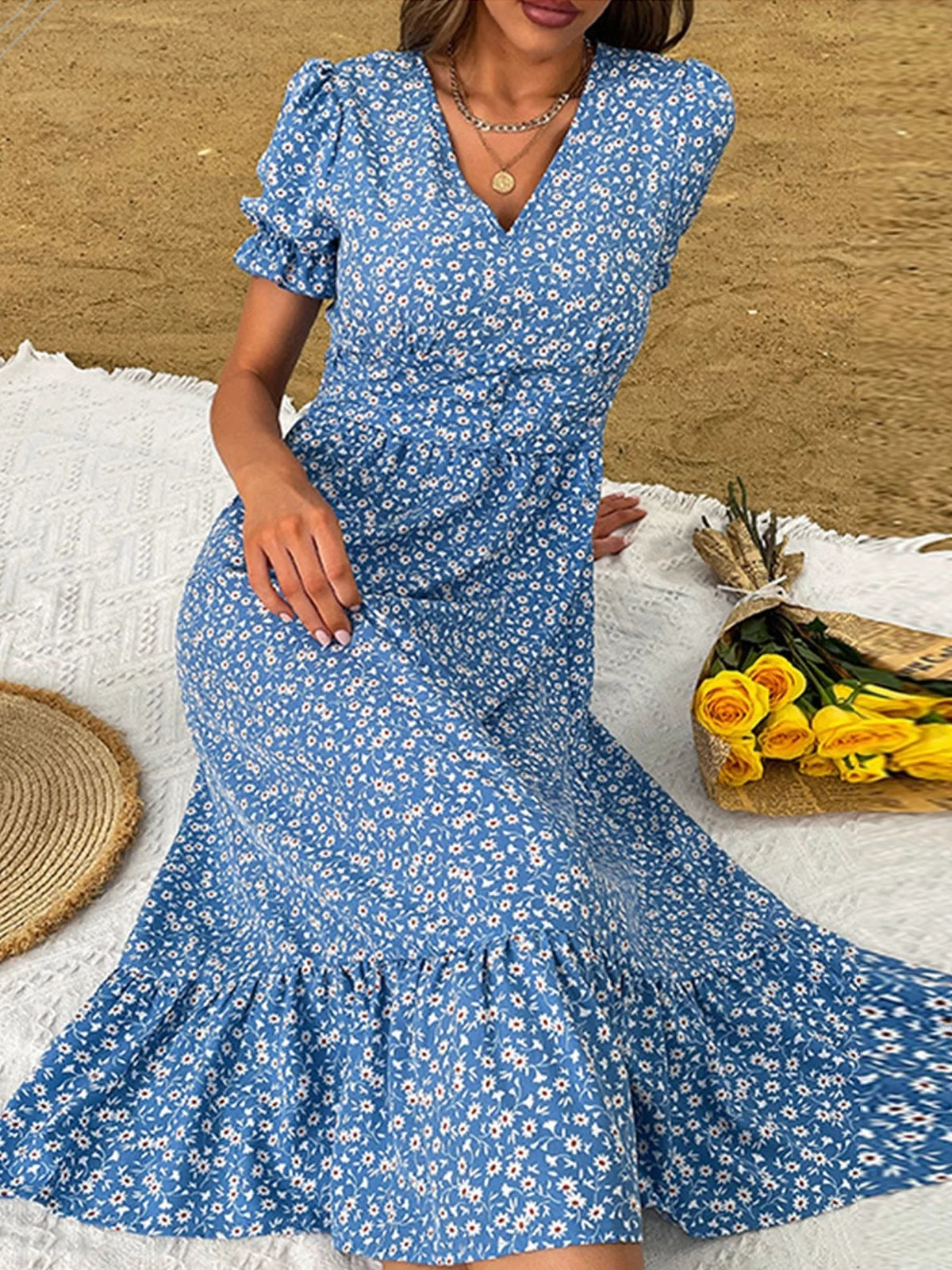 V-neck Floral Tight Waist Women's Full-length Dress