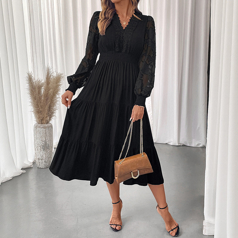Sweet Elegant Style V-neck Tight Waist Lace Long Sleeve Solid Color Dress Women