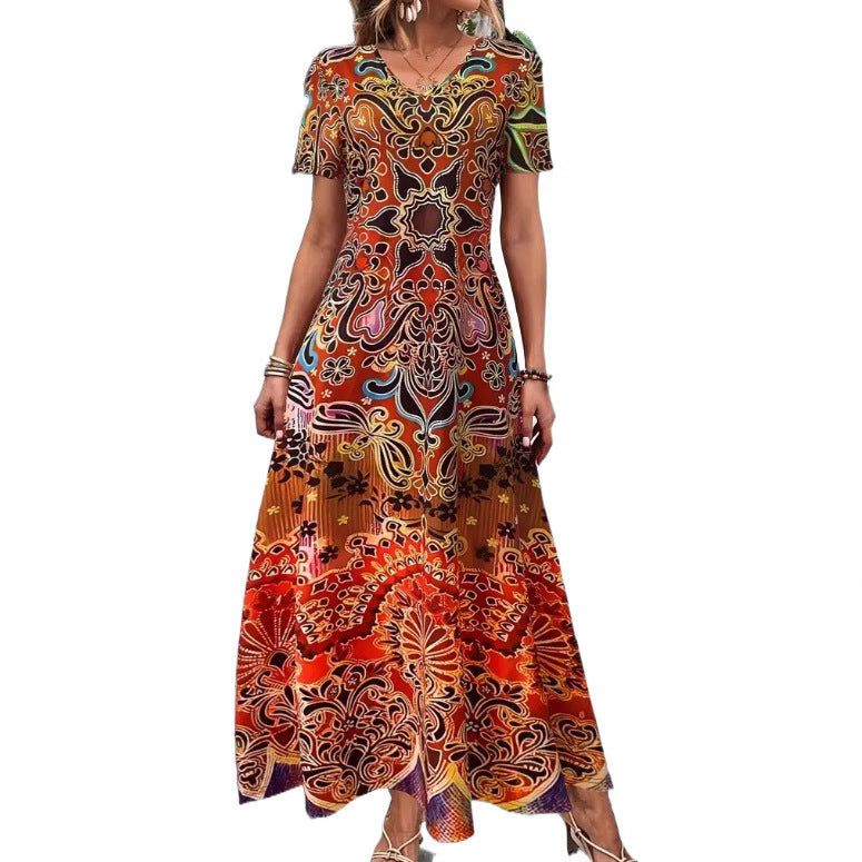 Bohemian Ethnic Style Collar Short Sleeve Women's Long Dress