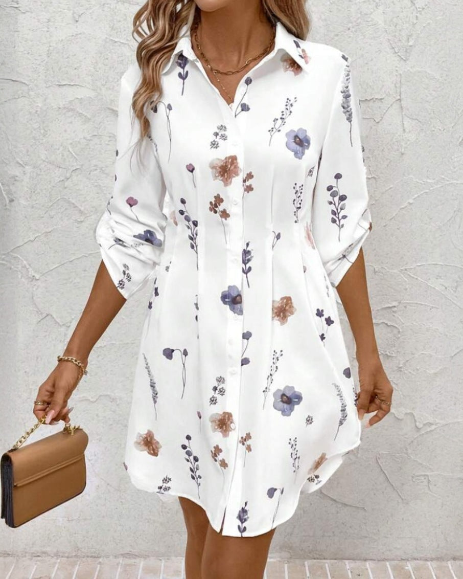 Elegant Floral Printing Lapel Long Sleeve Dress