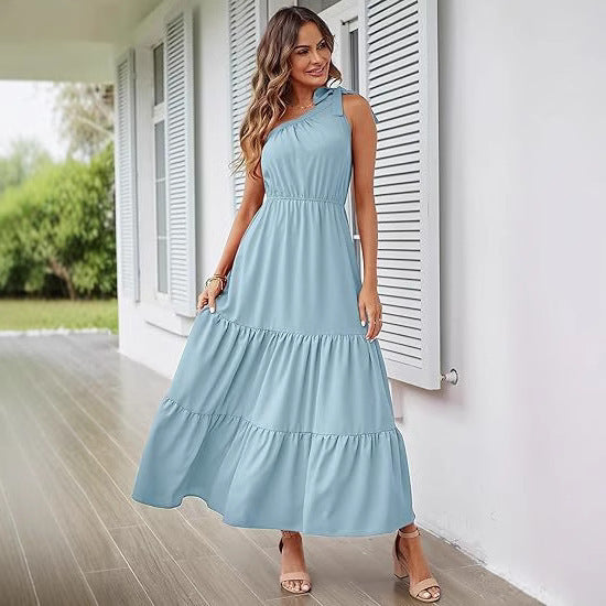New Women's Solid Color Long Dress Knot One Shoulder Sleeveless Pleated