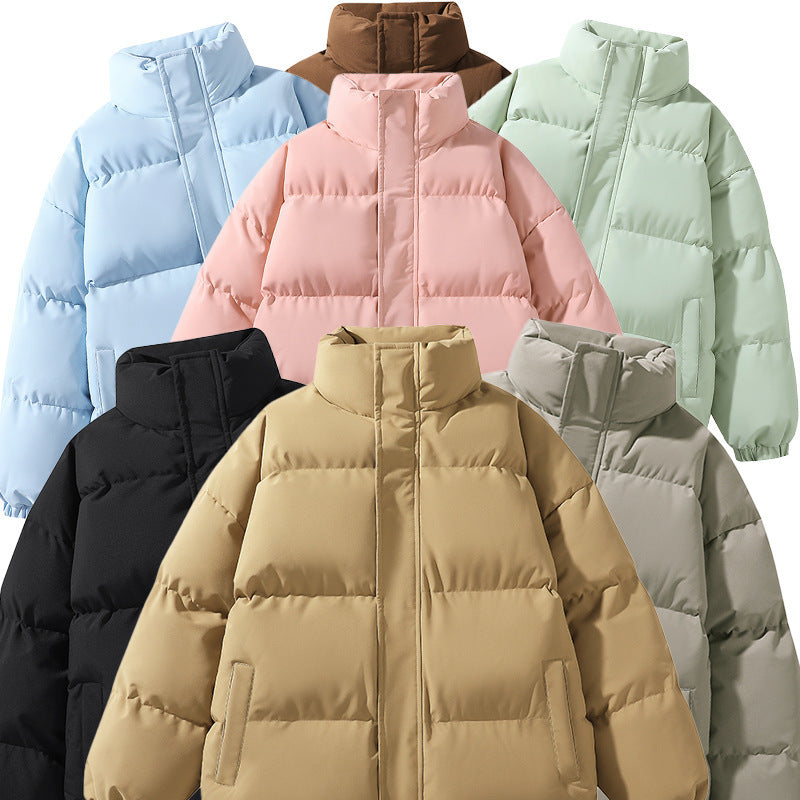 Solid Color Down Coat Couple Stand-up Collar Cotton-padded Coat